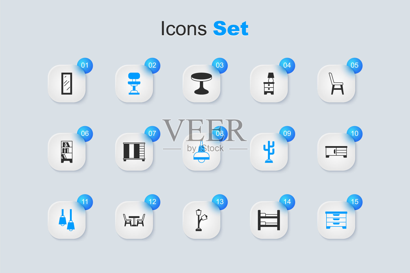 设置双层床，衣柜，办公椅，挂灯，抽屉柜，电视桌架，大全长镜子和图标。向量插画图片素材
