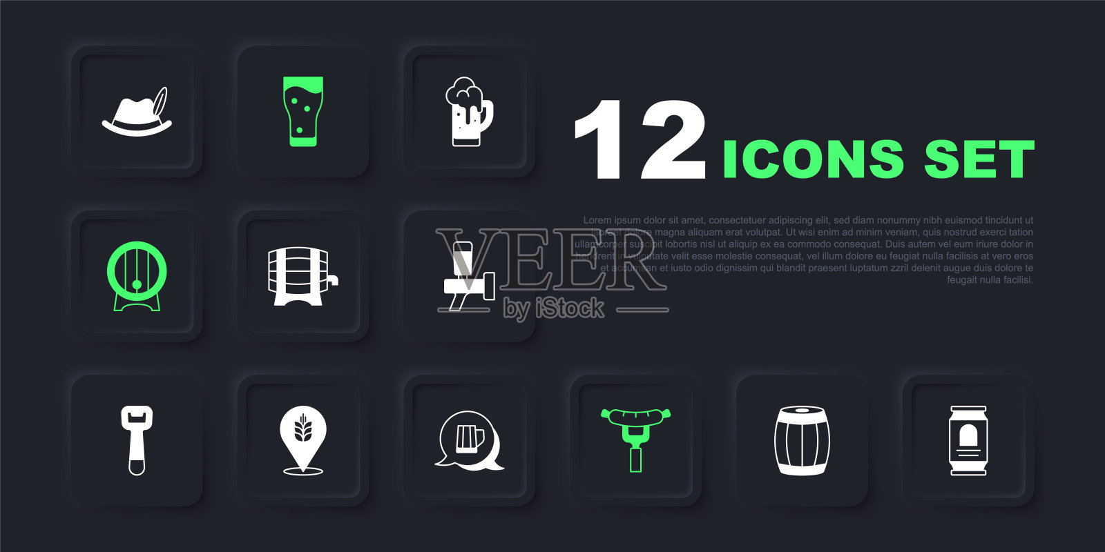 设置木桶，啤酒罐，架子，香肠叉，小麦，啤酒杯和马克杯图标。向量插画图片素材