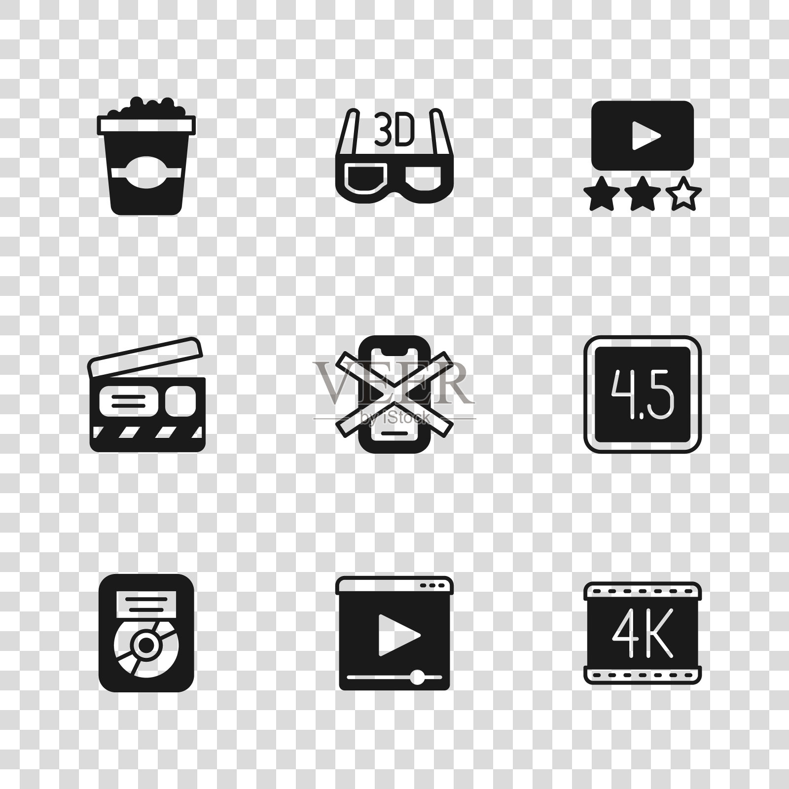 集在线播放视频，评级电影，4k，没有手机，爆米花纸箱，3D电影眼镜和电影拍手图标。向量插画图片素材