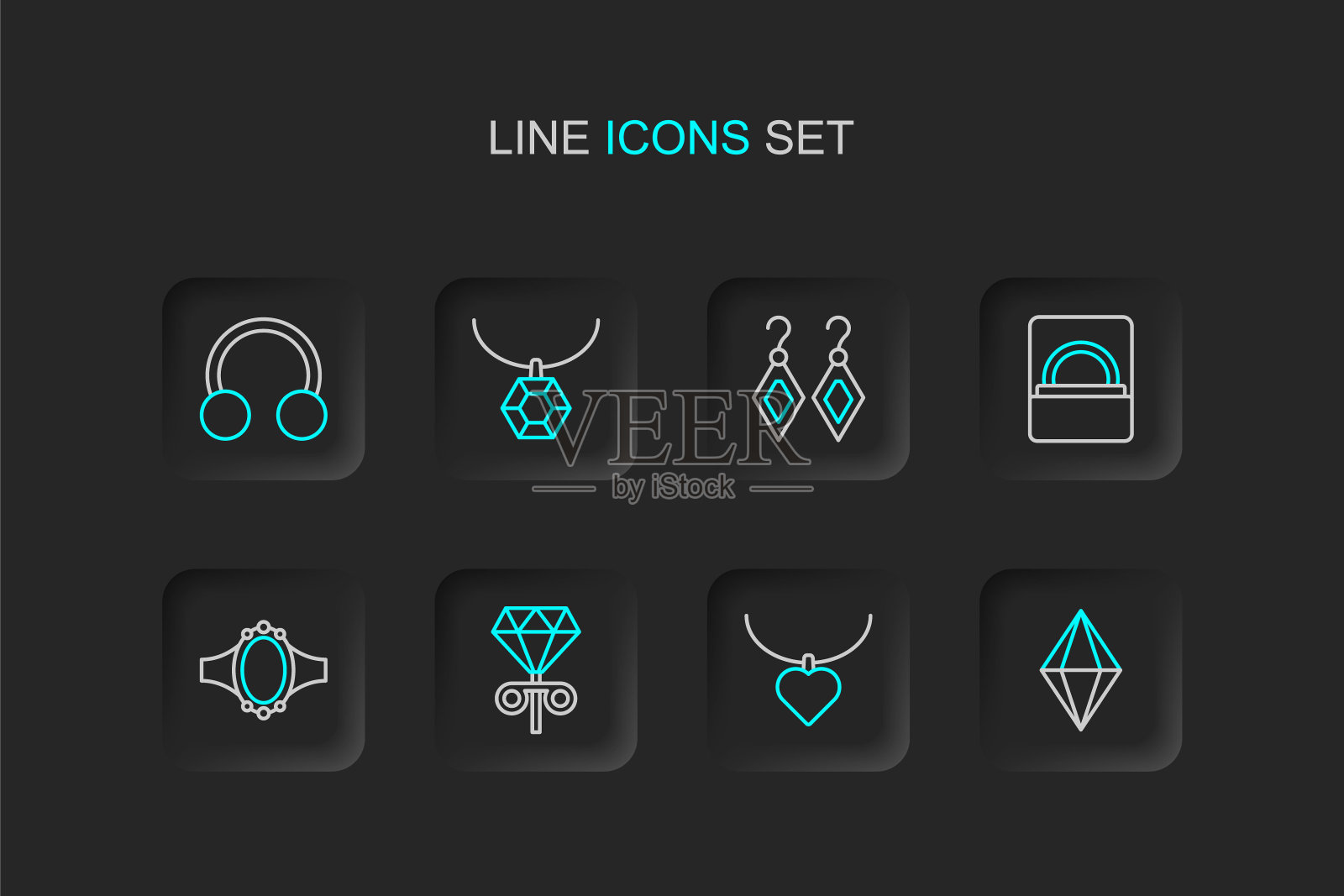 集线宝石，项链心形，耳钉，钻石订婚，盒子，耳环，吊坠项链和穿刺图标。向量插画图片素材