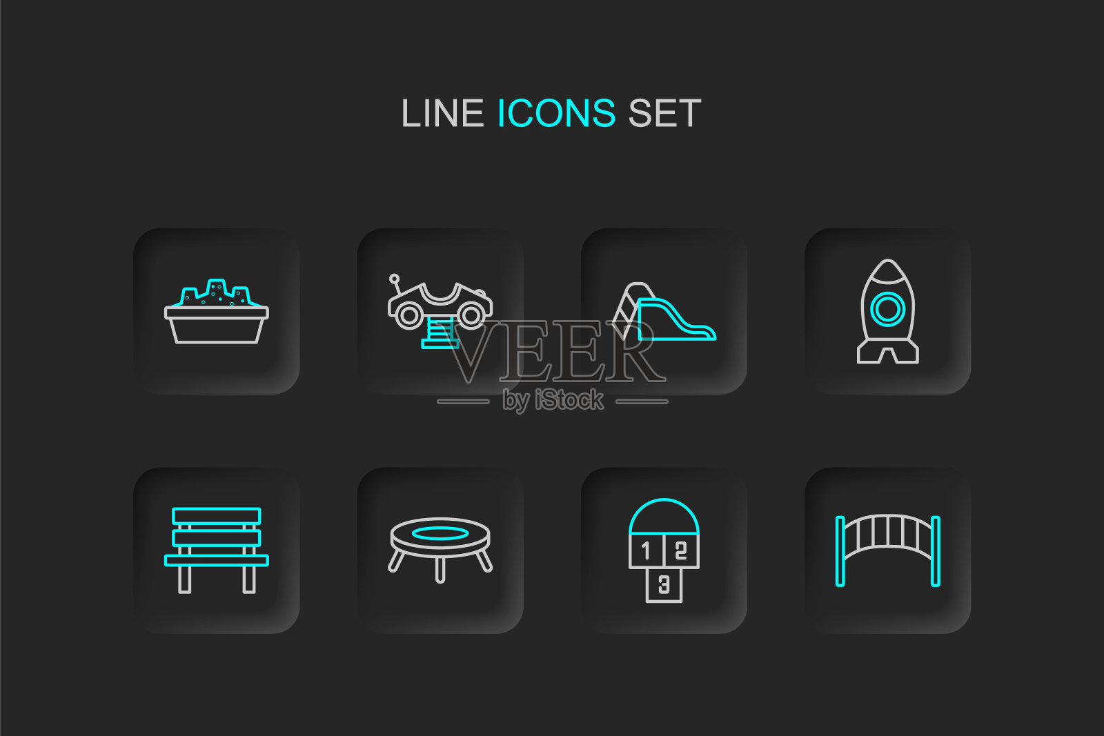 设置线游乐场儿童桥，跳房子，跳跃蹦床，长凳，火箭船玩具，滑梯游乐场，摇摆车和沙盒与沙图标。向量插画图片素材