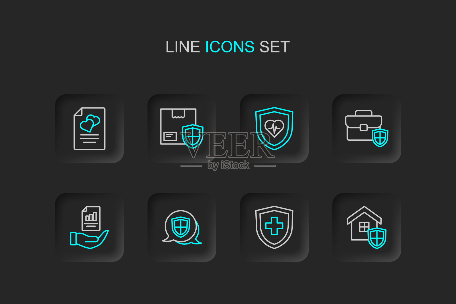 设置线房子与盾牌，人寿保险，盾牌，合同手，公文包，交付安全和婚姻合同的图标。向量插画图片素材