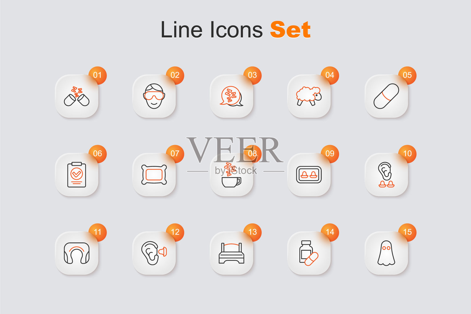 设置线鬼，安眠药，大床，耳塞和耳朵，旅游颈枕，收纳盒和洋甘菊茶图标。向量插画图片素材