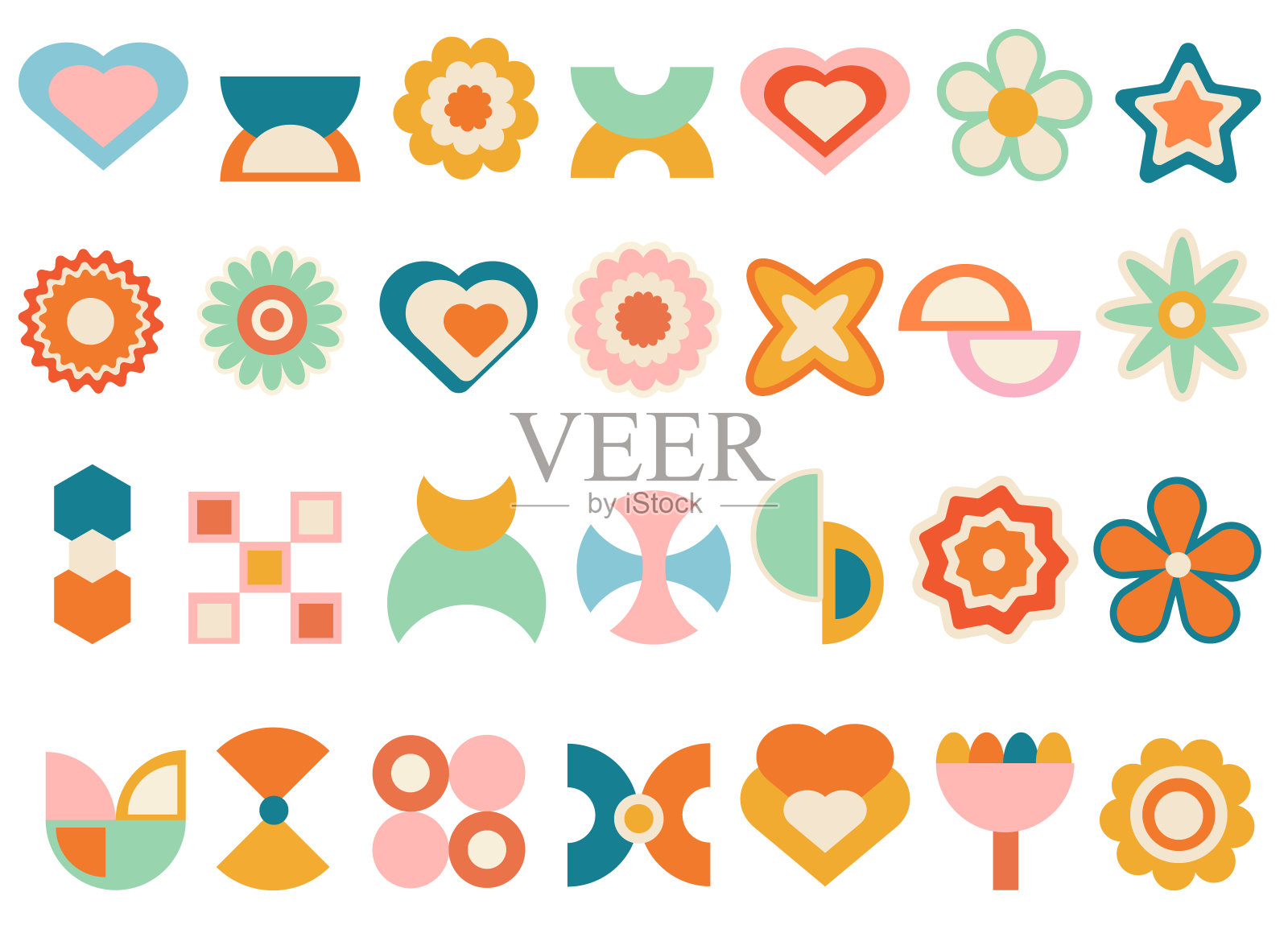 复古几何花平面设计抽象艺术花元素孤立设置在白色背景插画图片素材