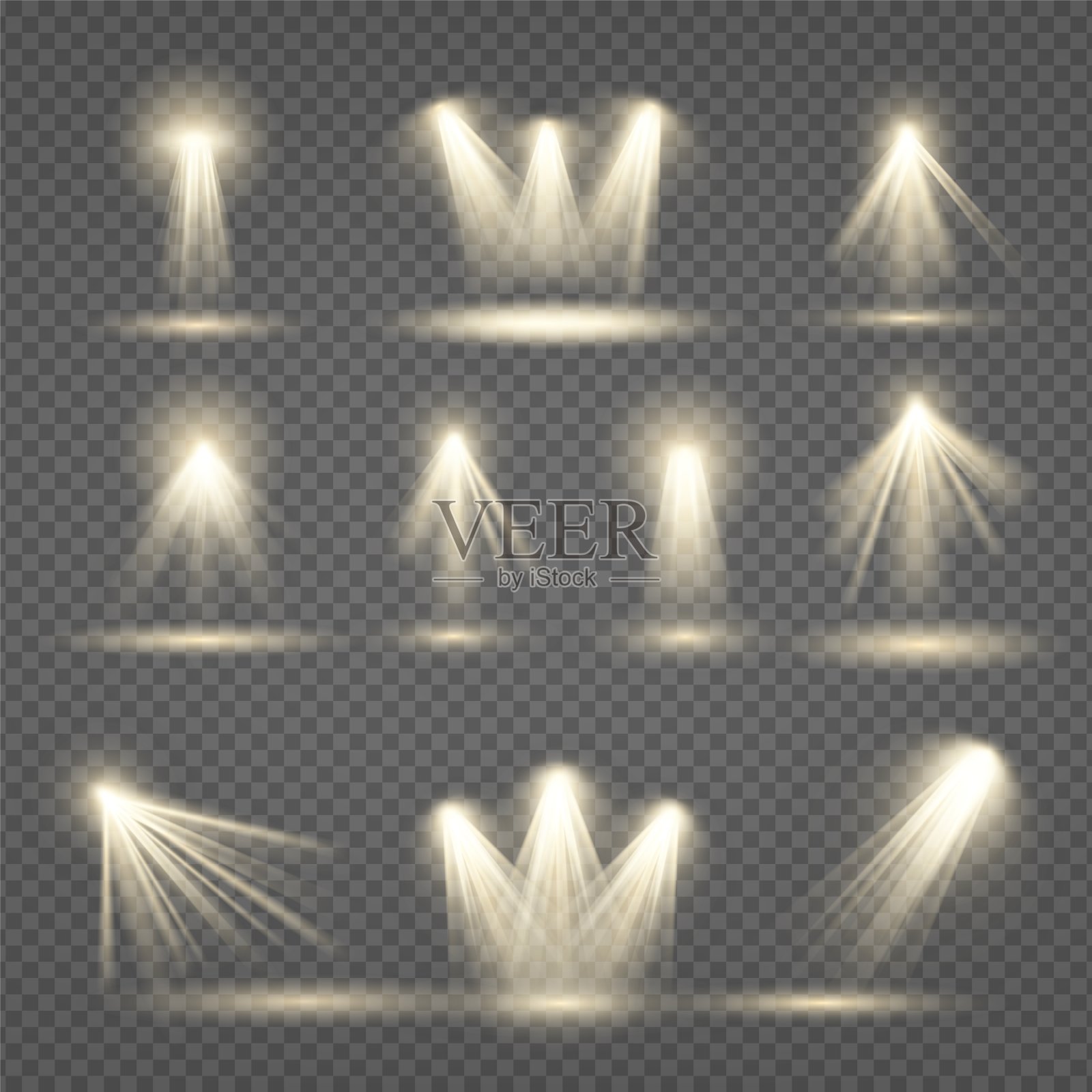 聚光灯设置，光线收集，逼真的黄色闪耀。点光束和舞台发光效果，金色发光投影灯照明。矢量插图隔离在透明的背景插画图片素材
