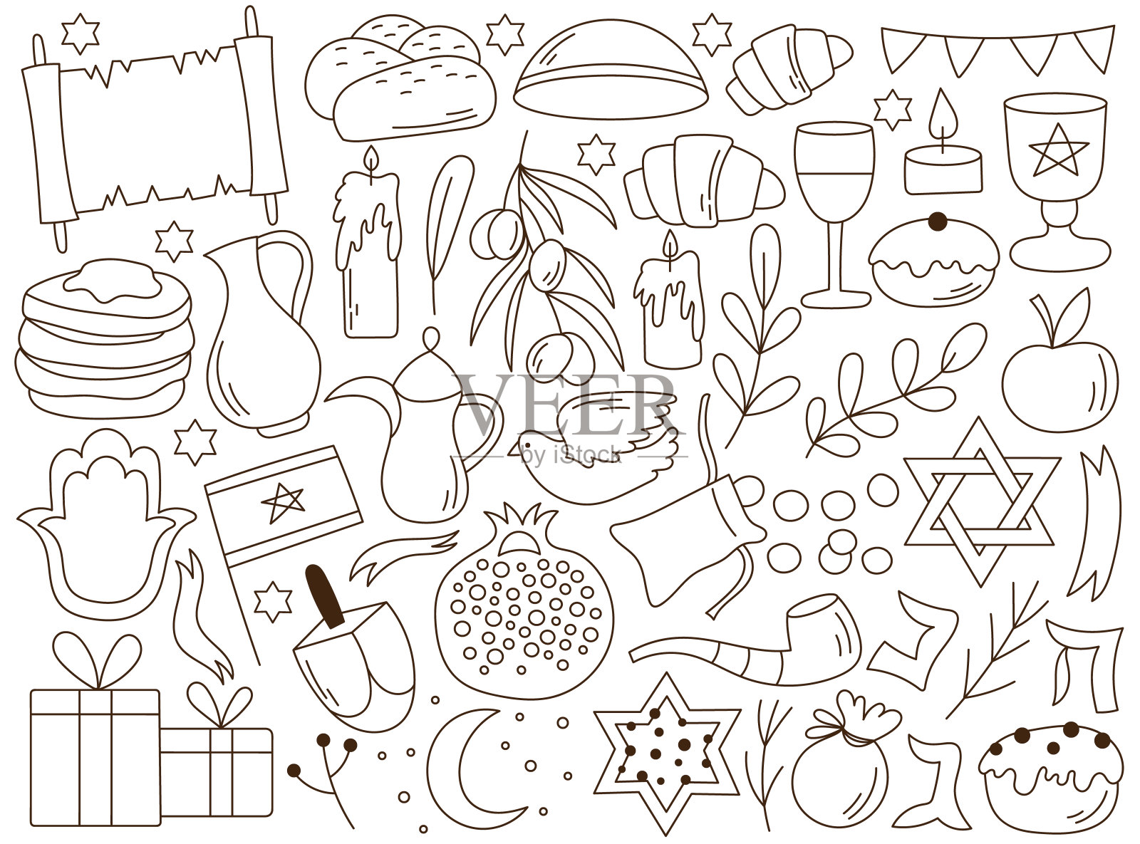 光明节快乐传统犹太节日涂鸦元素线风格集合矢量插图插画图片素材