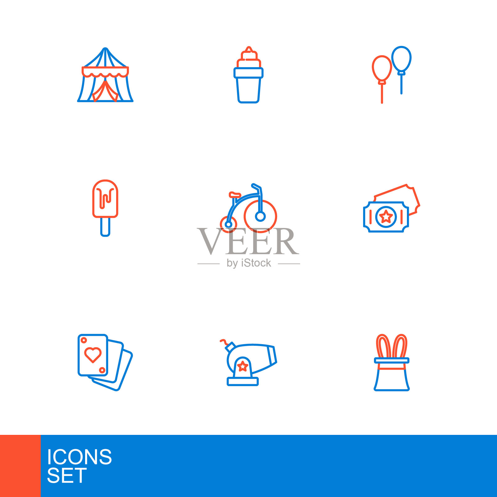 集线魔术师帽子和兔子耳朵，大炮，扑克牌，马戏团门票，冰淇淋，老式自行车，气球与丝带和华夫饼图标。向量插画图片素材