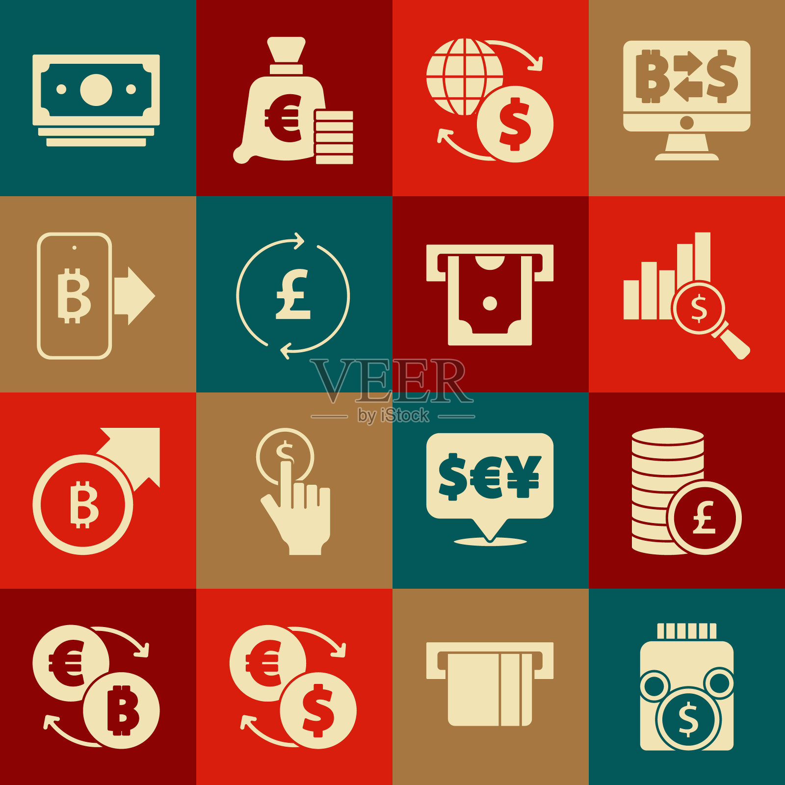 集玻璃钱罐硬币，硬币磅，饼图和美元，货币兑换，从移动采矿比特币，堆栈纸现金和ATM图标。向量插画图片素材