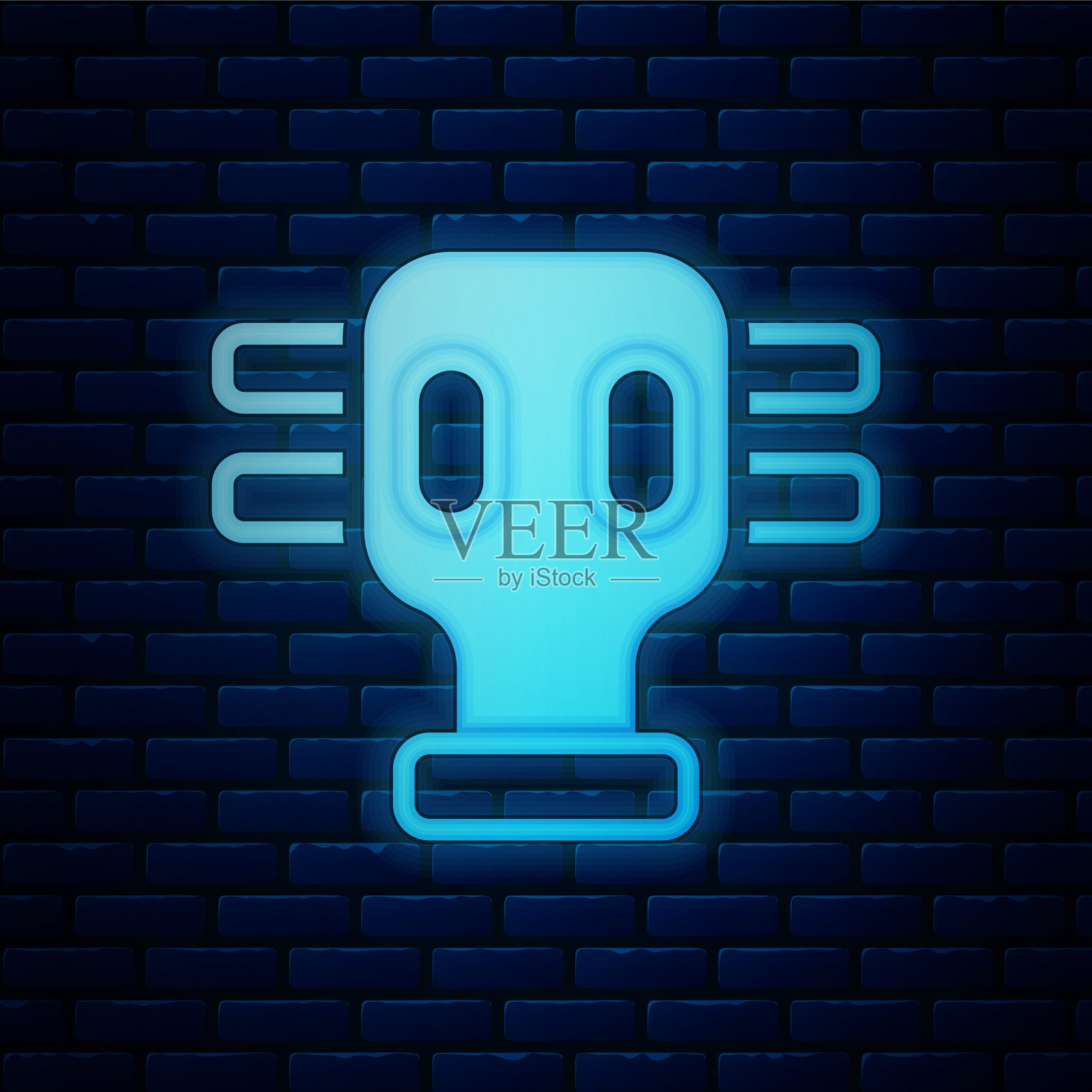 发光的霓虹灯防毒面具图标孤立的砖墙背景。呼吸器的迹象。向量插画图片素材