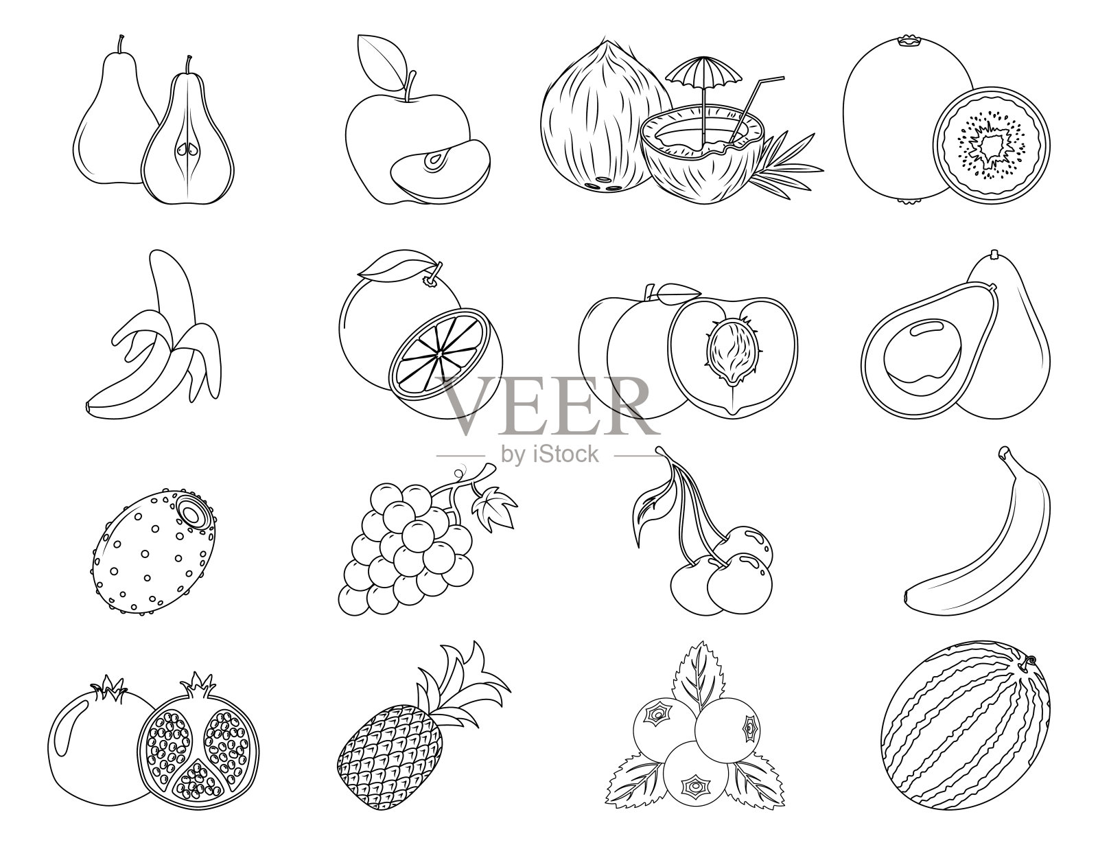 一套水果插图与轮廓画。着色和学习，线图标。插画图片素材