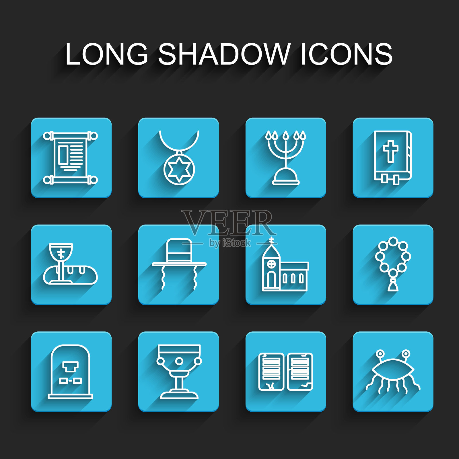 设线墓碑与RIP写，法令，纸，羊皮纸，卷轴，诫命，Pastafarianism，正统犹太帽侧锁，念珠宗教和教堂建筑图标。向量插画图片素材