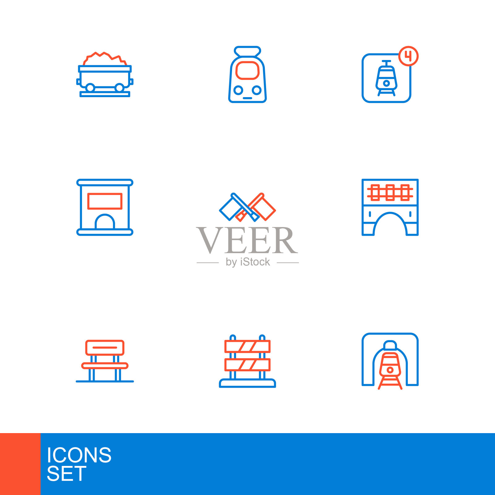 设置铁路隧道列车，轨道末端，候车厅，列车桥，售票处购票，旗，网上订票和图标。向量插画图片素材