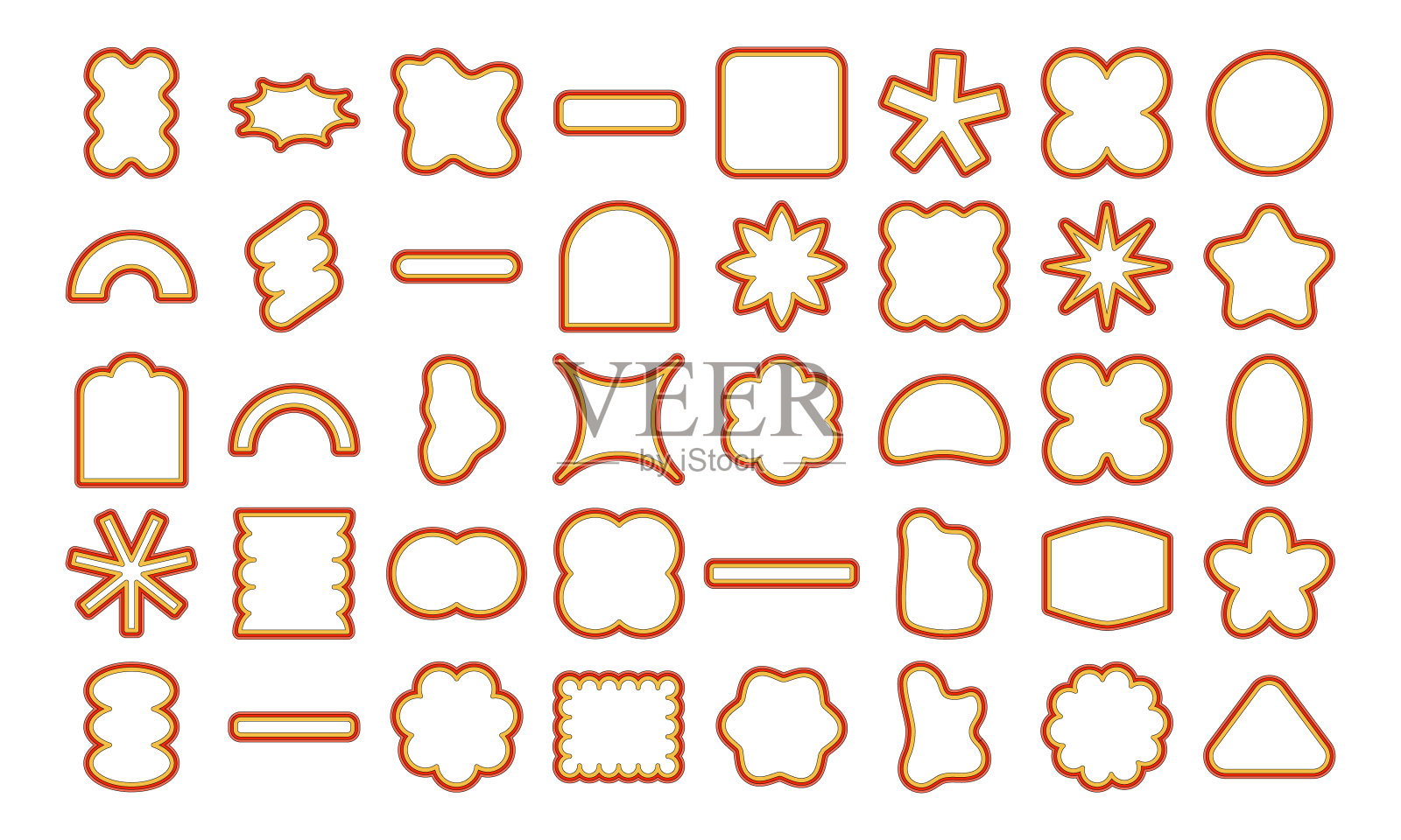 彩色线条抽象几何形状。贴纸的形状有椭圆形、长方形、线条、花朵、闪亮的。用于品牌、包装、印刷品和社交媒体帖子的抽象背景元素。插画图片素材