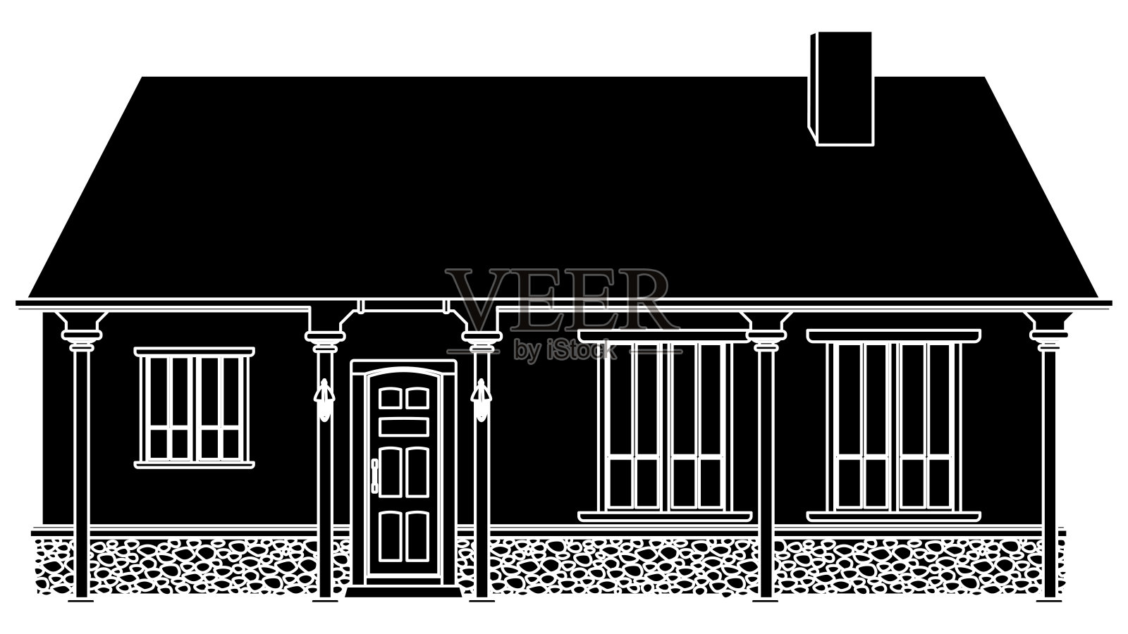 一层房子的黑色剪影，门廊和树冠孤立在白色背景上。剪纸艺术。插画图片素材