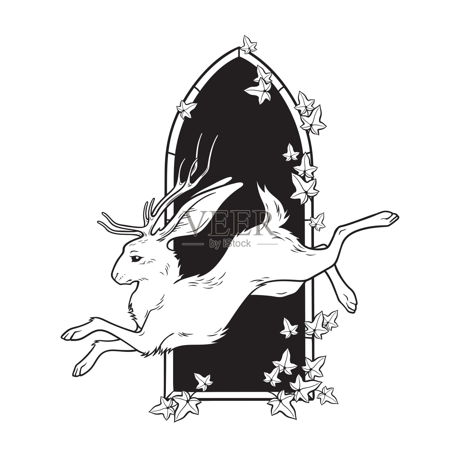 Jackalope有角的民间传说神奇动物在哥特式拱门与毒常春藤手绘线艺术哥特式纹身设计孤立的矢量插图插画图片素材