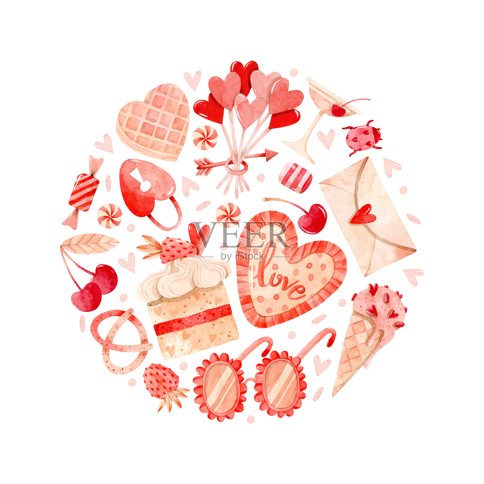 情人节爱情和草莓蛋糕水彩圆插画邀请模板插画图片素材