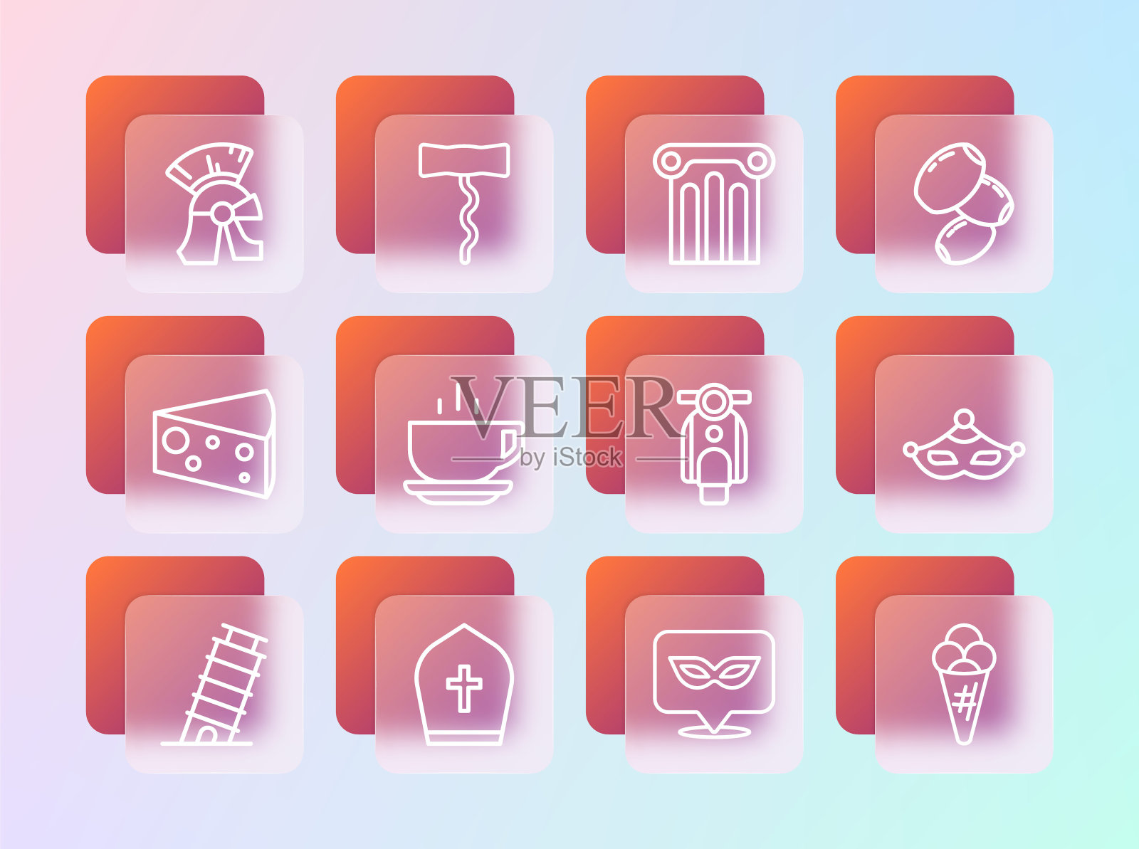 集线橄榄，教皇帽，摩托车，狂欢节面具，咖啡杯，古代柱，罗马军队头盔和葡萄酒开瓶器图标。向量插画图片素材