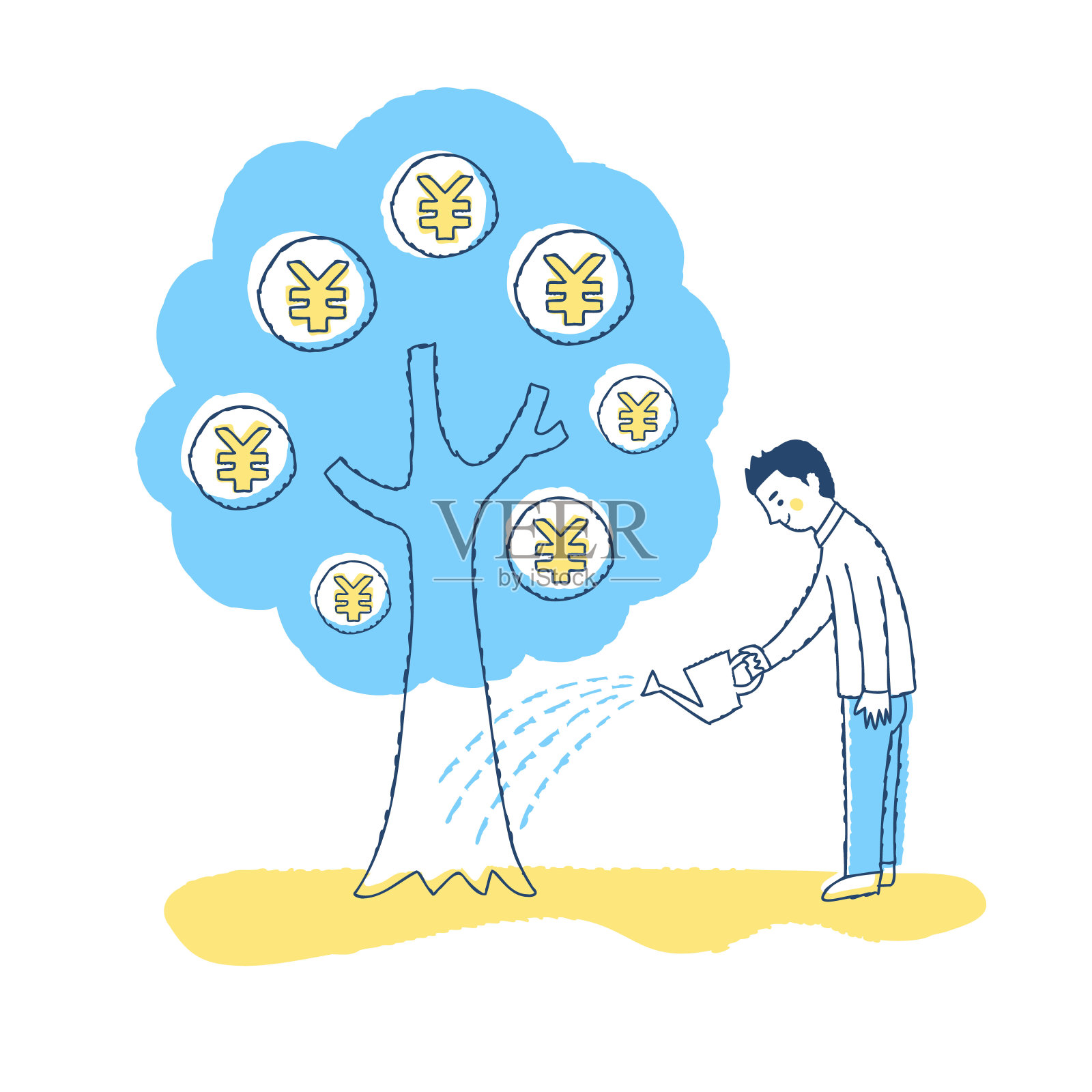 一个人在给摇钱树浇水插画图片素材