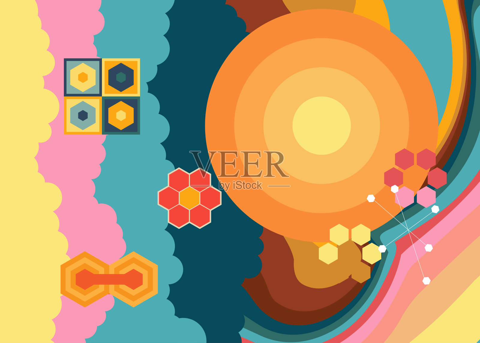 复古的70年代背景与极简复古时髦的抽象70年代艺术。老式的彩虹色艺术品。插画图片素材