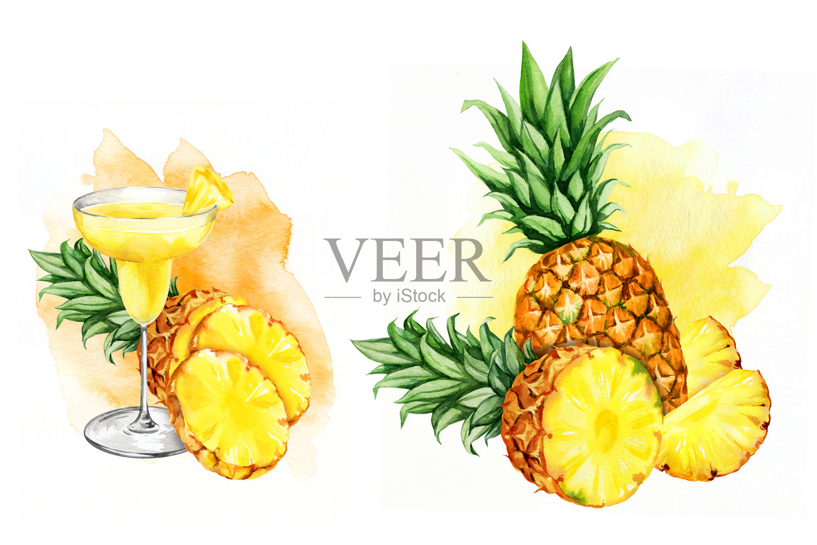 水彩画集手绘组成与菠萝，半和切片成熟的菠萝，鸡尾酒杯，素描黄色热带水果，食物插图孤立在白色背景插画图片素材