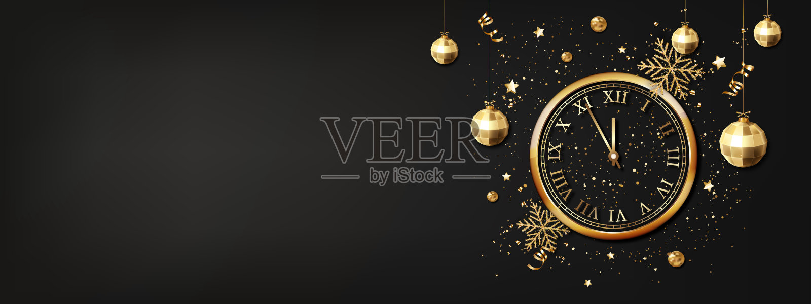 圣诞和新年贺卡与新年时钟，球，雪花，丝带和五彩纸屑。插画图片素材