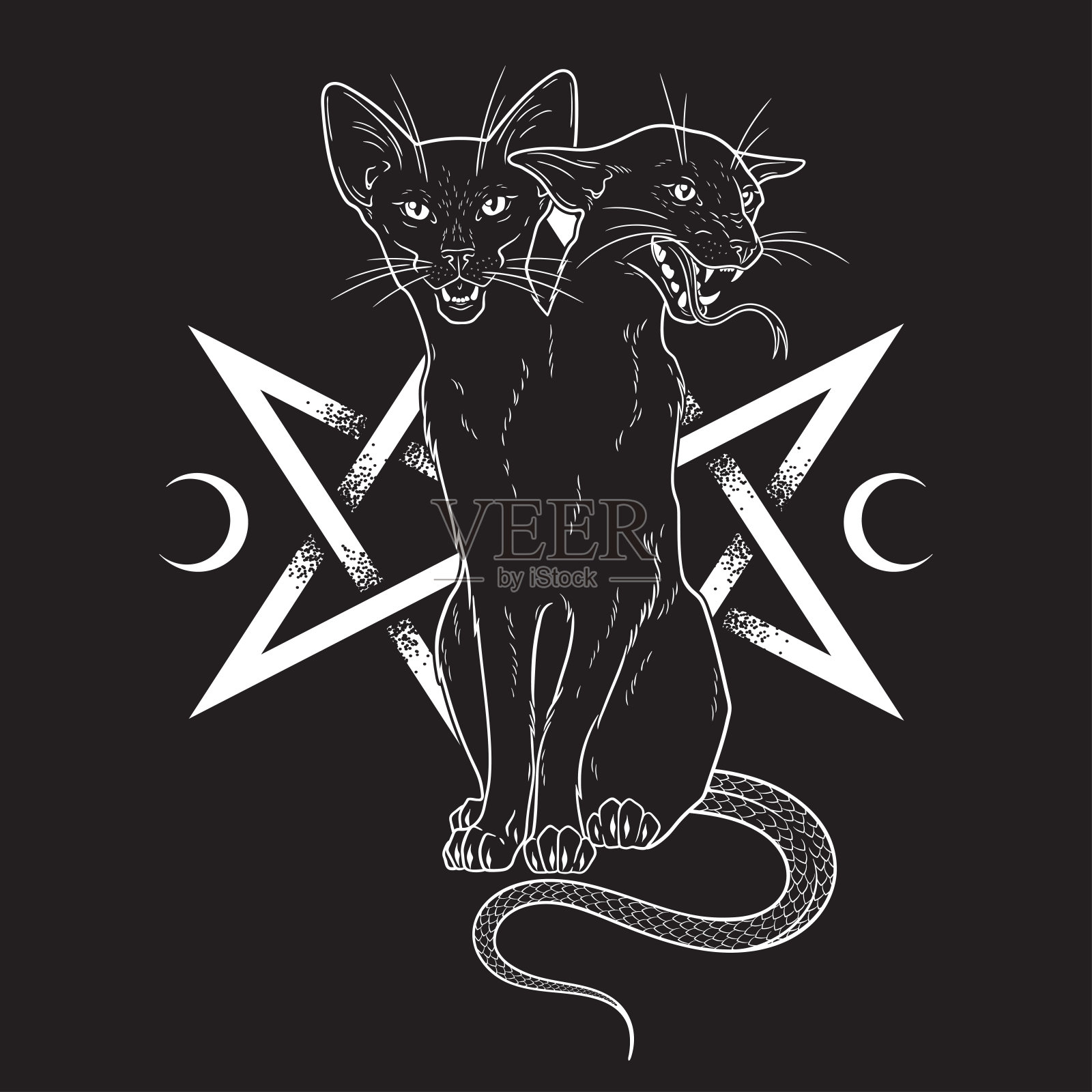 黑色暹罗猫怪物与两个头孤立。巫婆熟悉的精神，万圣节或异教巫术主题印刷设计矢量插图插画图片素材