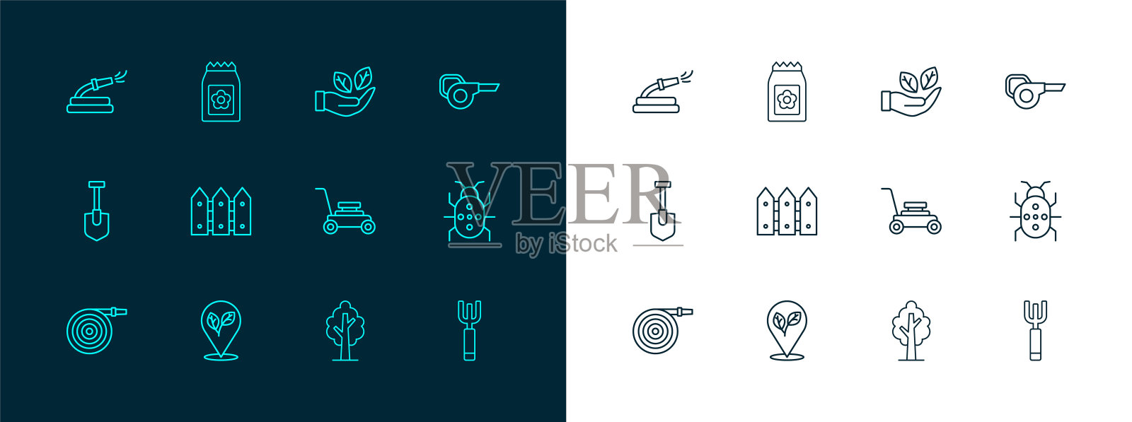 集线叶花园鼓风机，位置与叶片，割草机，树，花园围栏木制，在手中，软管和包充满种子图标。向量插画图片素材