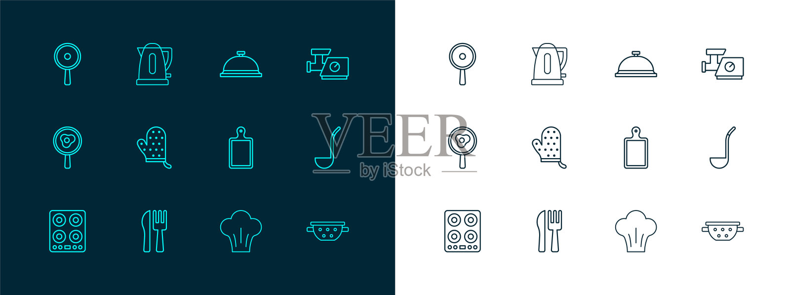 设置线厨房绞肉机，交叉刀叉，砧板，厨师帽，烤箱手套，覆盖与食物托盘，煎锅和电热水壶图标。向量插画图片素材