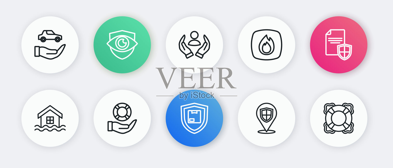 设置线路交付安全，包括盾牌，合同，房屋洪水，位置，火焰，人寿保险，救生圈和手图标。向量插画图片素材