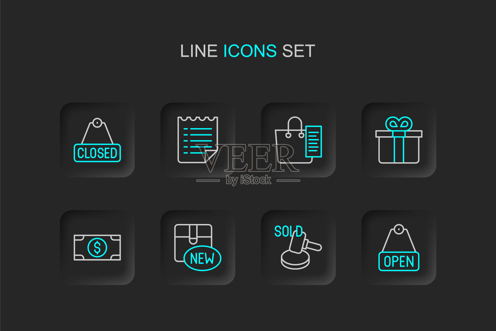 设置线悬挂标志与文本打开，拍卖锤，新收集，堆栈纸钱现金，礼品盒，购物清单，愿望模板和关闭图标。向量插画图片素材