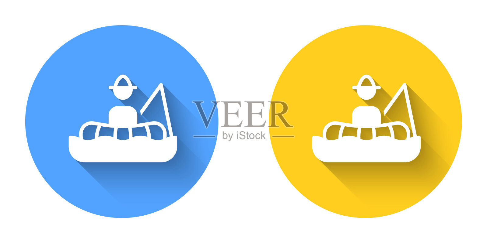 白色的渔夫坐在船上，用一根杆子钓鱼，与长阴影背景隔绝。圆按钮。向量插画图片素材