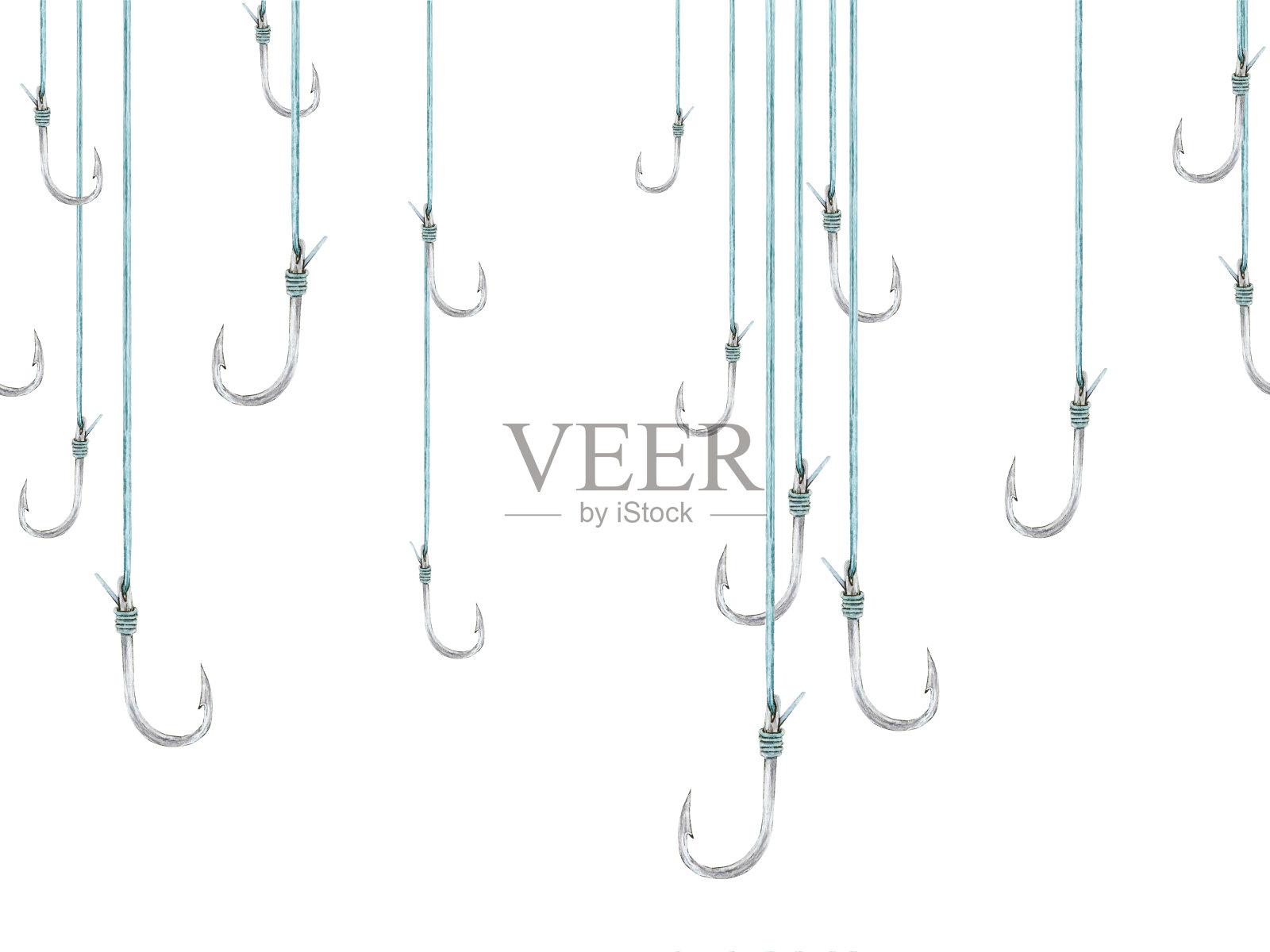 鱼钩上鱼线无缝边框。水彩画锐利的钓鱼设备在白色的背景插画图片素材