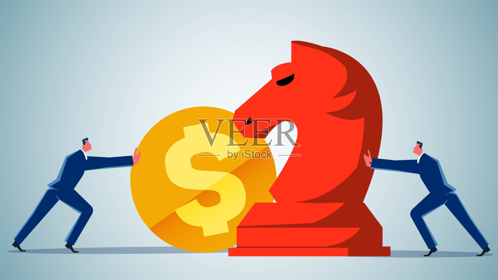 商业与战略，商业计划与商业竞争，商人推棋骑士与金币插画图片素材
