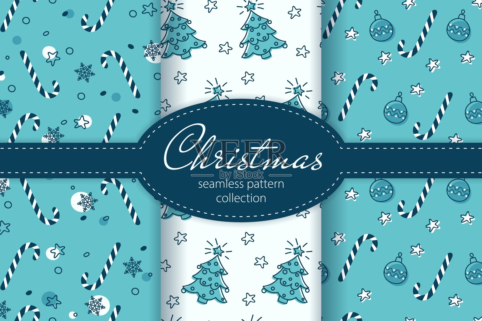 收集圣诞无缝矢量图案与糖果手杖，球和圣诞树。手绘设计。卡通插图。一套用于包装或纺织品的节日图案插画图片素材