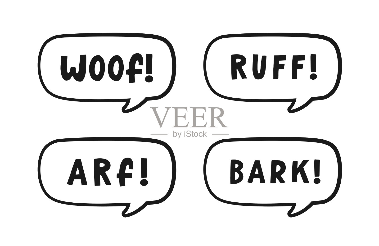 狗叫动物的声音效果文字在一个语音气泡声音气球轮廓涂鸦剪贴画集。可爱的卡通拟声漫画和刻字。插画图片素材
