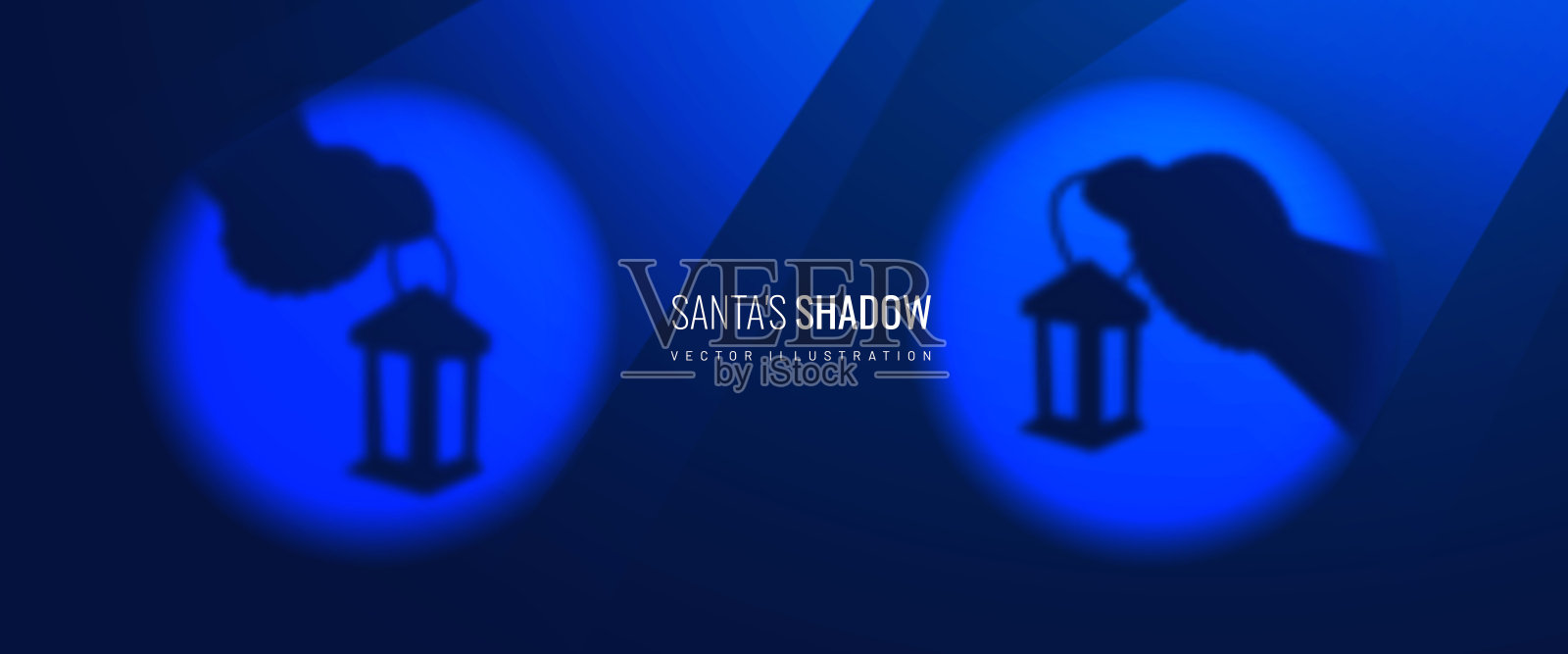 圣诞老人的手的剪影与一个古老的灯图标在模糊的风格。聚光灯的灯光效果是圣诞设计的一个元素。矢量图插画图片素材