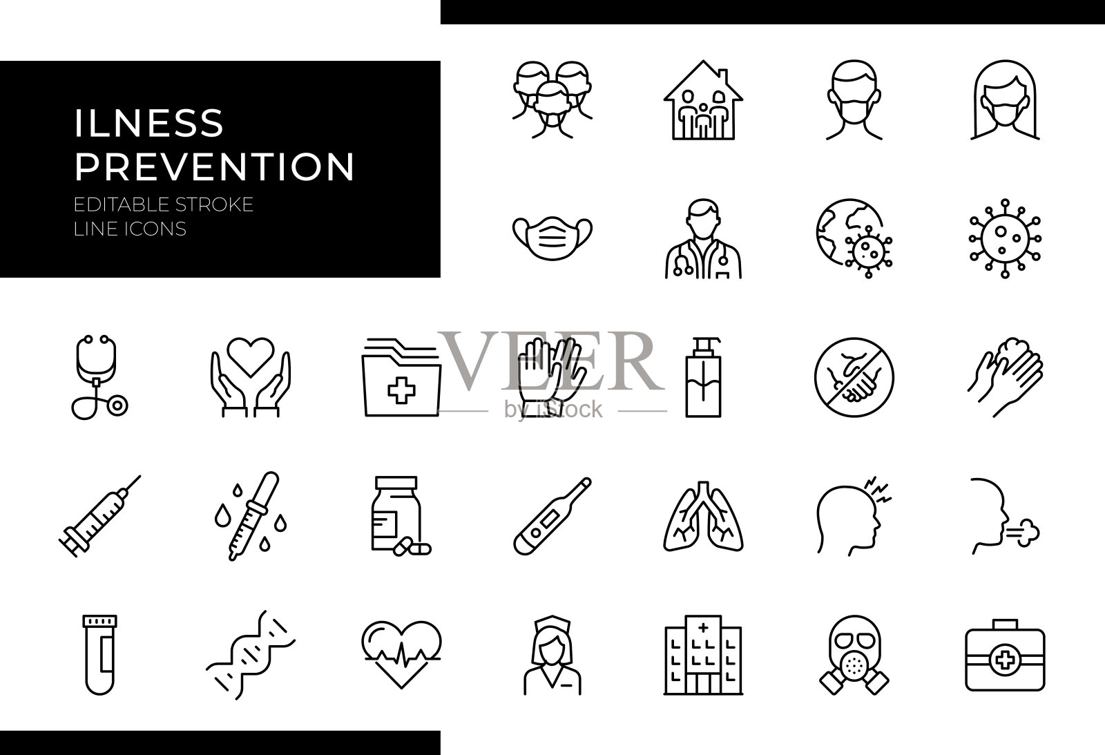 疾病预防，流行病图标-线条系列-可编辑的中风插画图片素材