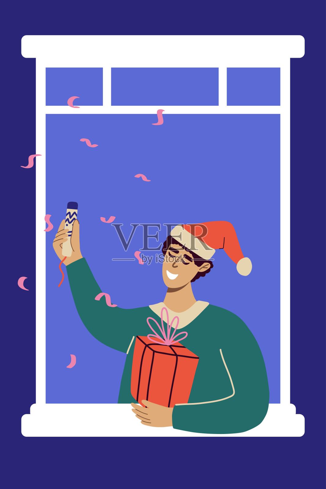 圣诞贺卡快乐，橱窗里有个男人。橱窗里的男人和五彩纸屑庆祝圣诞节或新年。平面矢量图插画图片素材