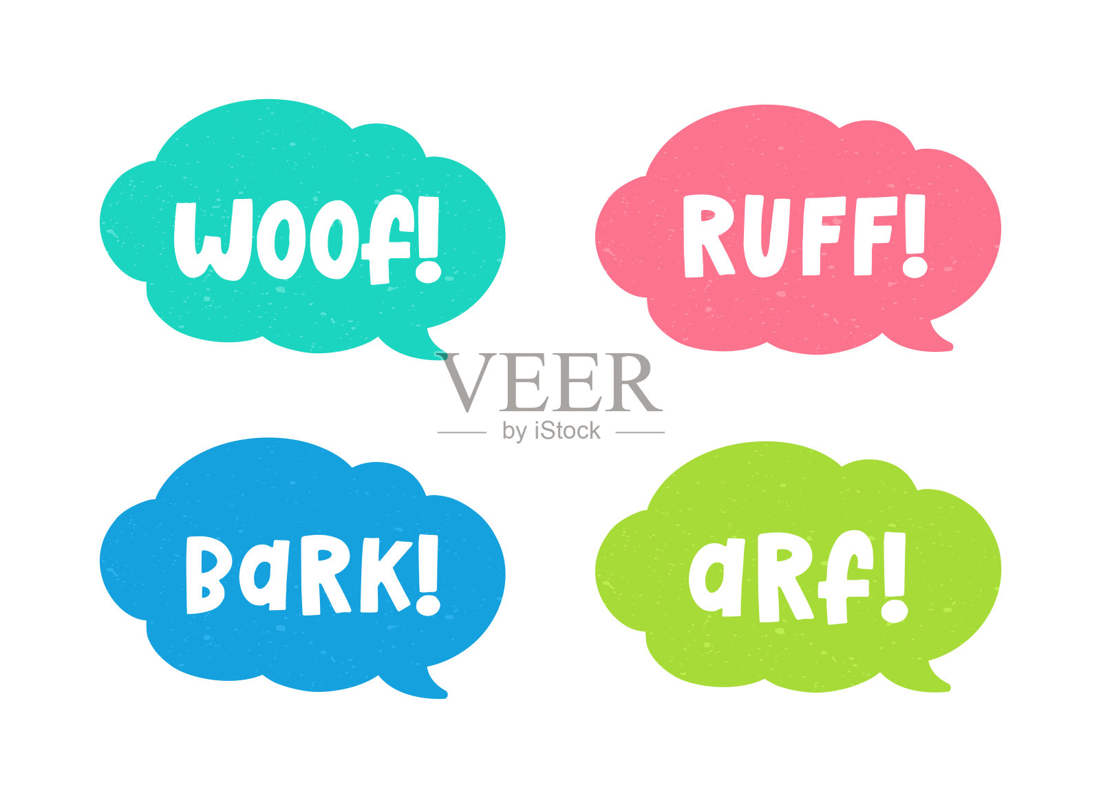 狗叫动物的声音效果文字在一个演讲泡泡气球剪贴画集。可爱的卡通拟声漫画和刻字。插画图片素材