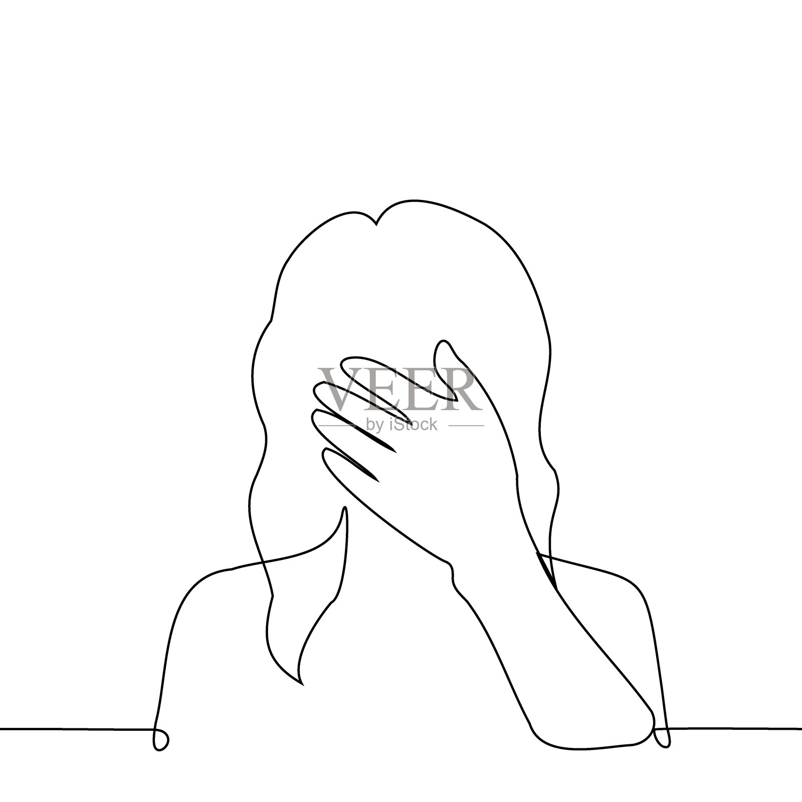 一个女人的肖像与手掌覆盖她的脸的剪影-一行艺术矢量。概念疲劳、畏缩、捂脸、羞愧插画图片素材