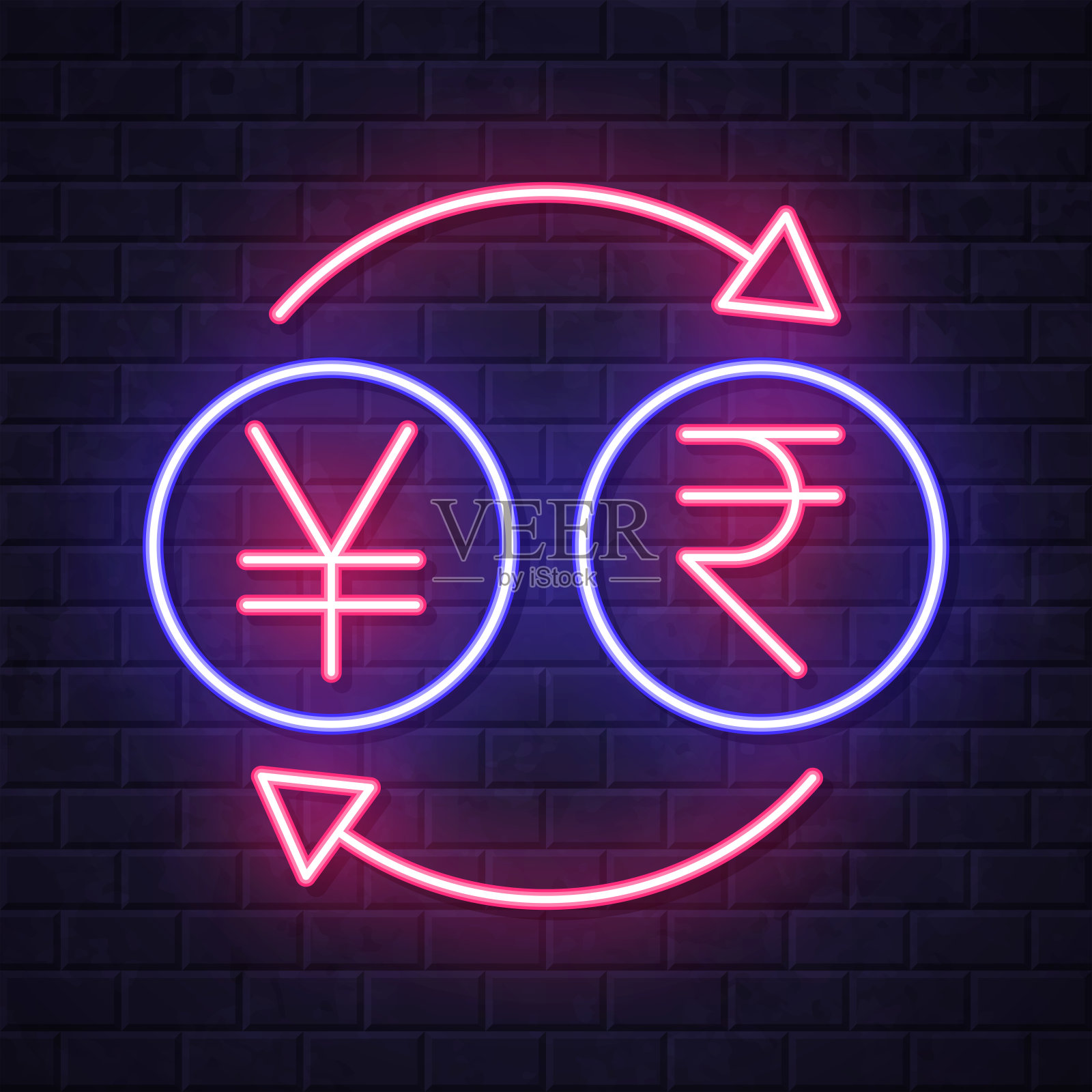 货币兑换-日元印度卢比。在砖墙背景上发光的霓虹灯图标插画图片素材