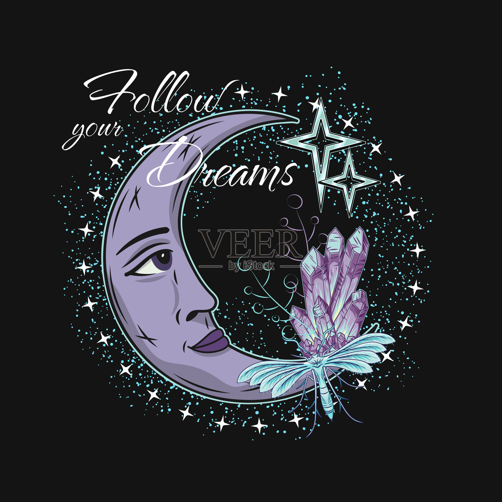 标签上有新月、星星、夜蝴蝶插画图片素材