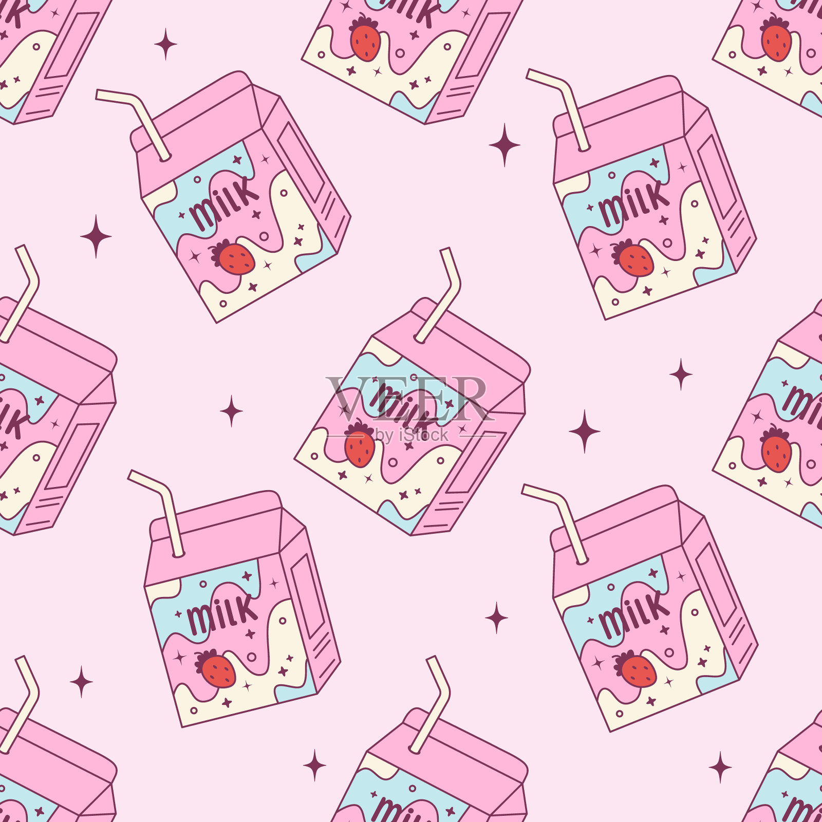 无缝矢量图案草莓牛奶在方形纸板包装插画图片素材