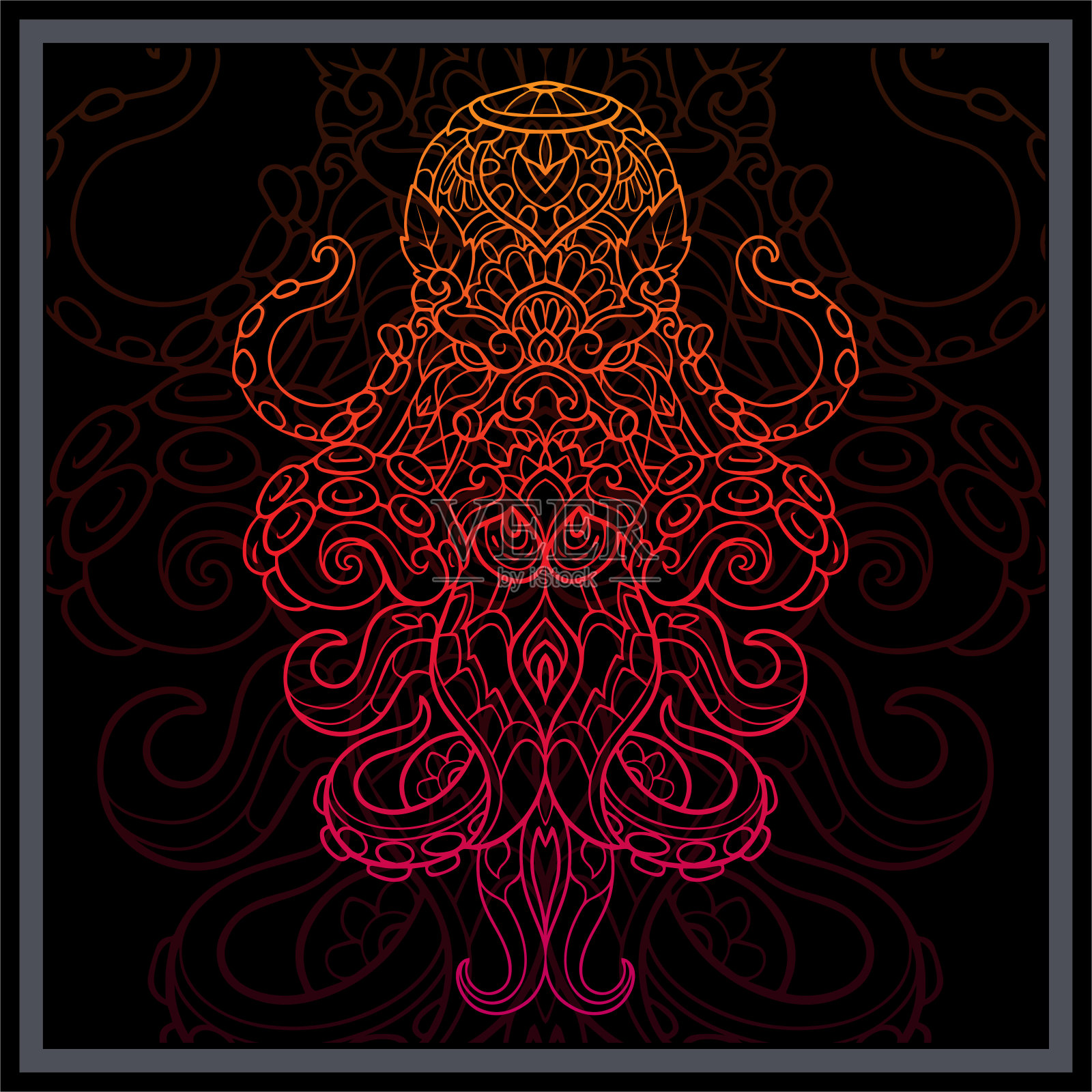 渐变彩色海怪章鱼曼陀罗艺术孤立在黑色背景插画图片素材