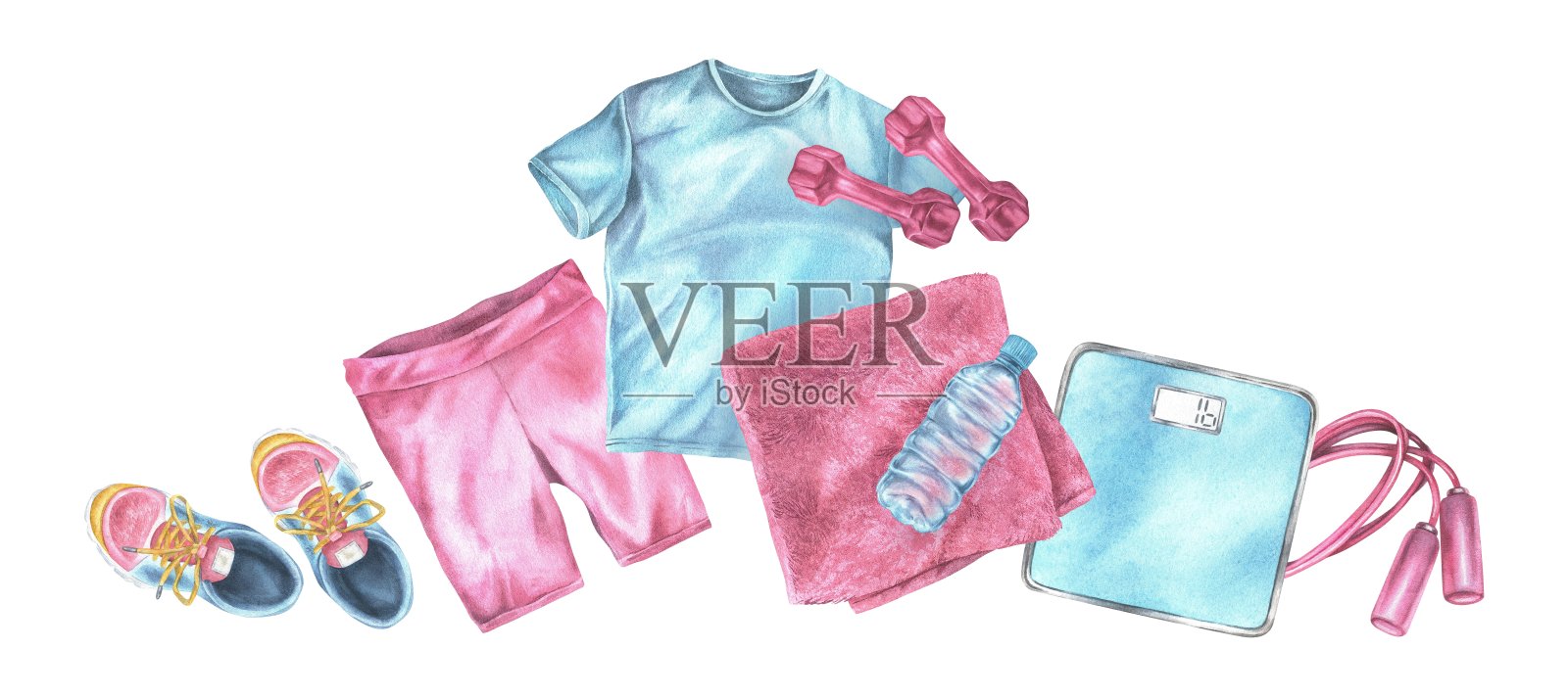 健身网站的健身横幅。运动器材和运动服的水彩插图。手绘水平组合训练项目在孤立的背景插画图片素材