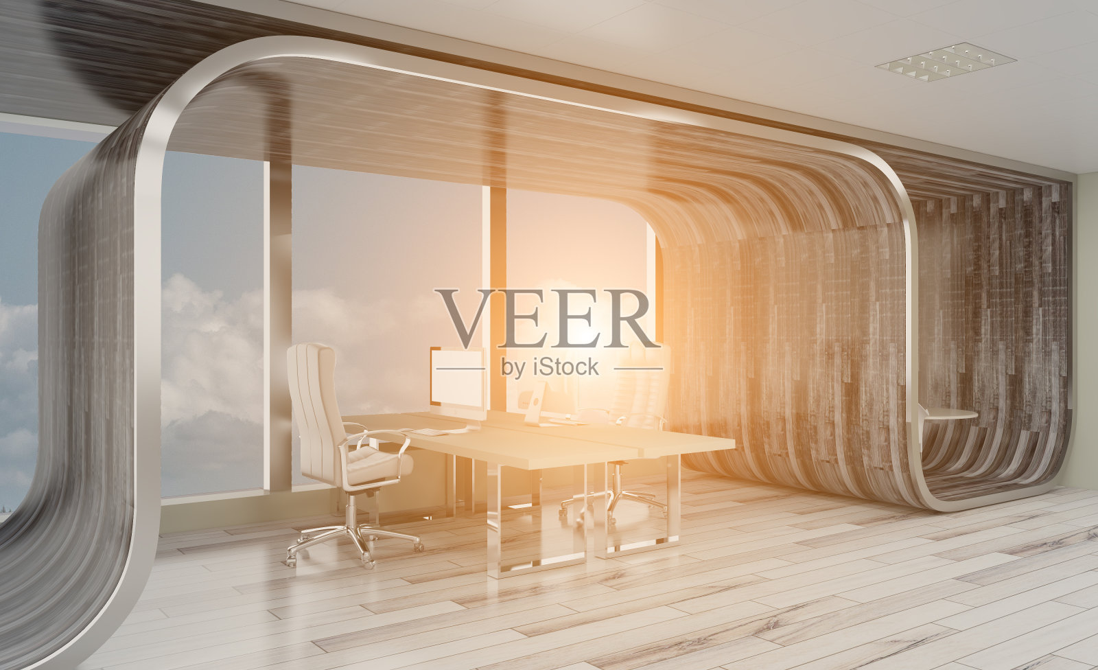 现代办公大楼内部。3 d渲染…日落。照片摄影图片