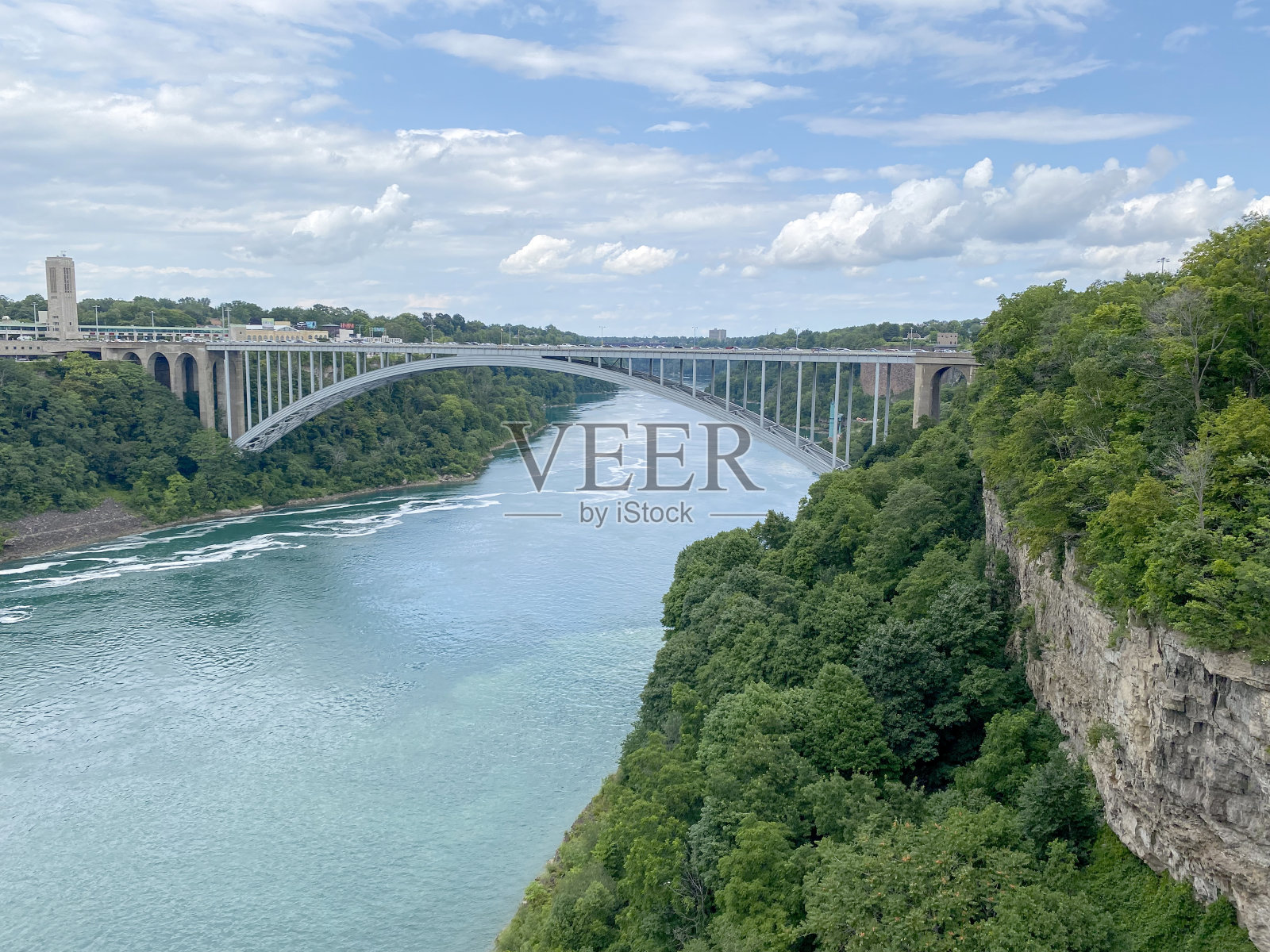 从尼亚加拉悬崖顶端俯瞰尼亚加拉瀑布的彩虹桥照片摄影图片