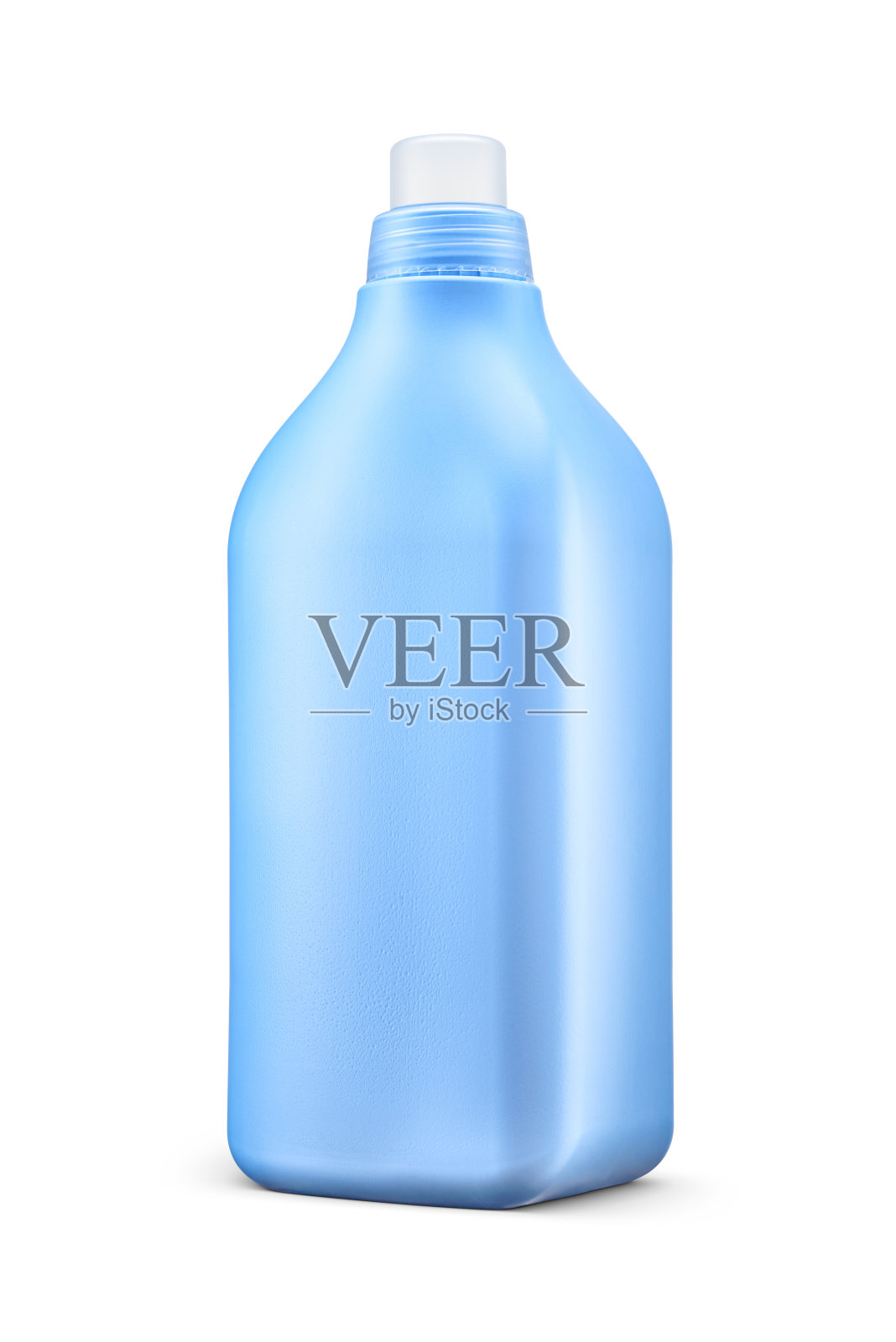 蓝色洗衣液洗涤剂或织物柔顺剂塑料瓶，白色瓶盖，隔离上白色。照片摄影图片