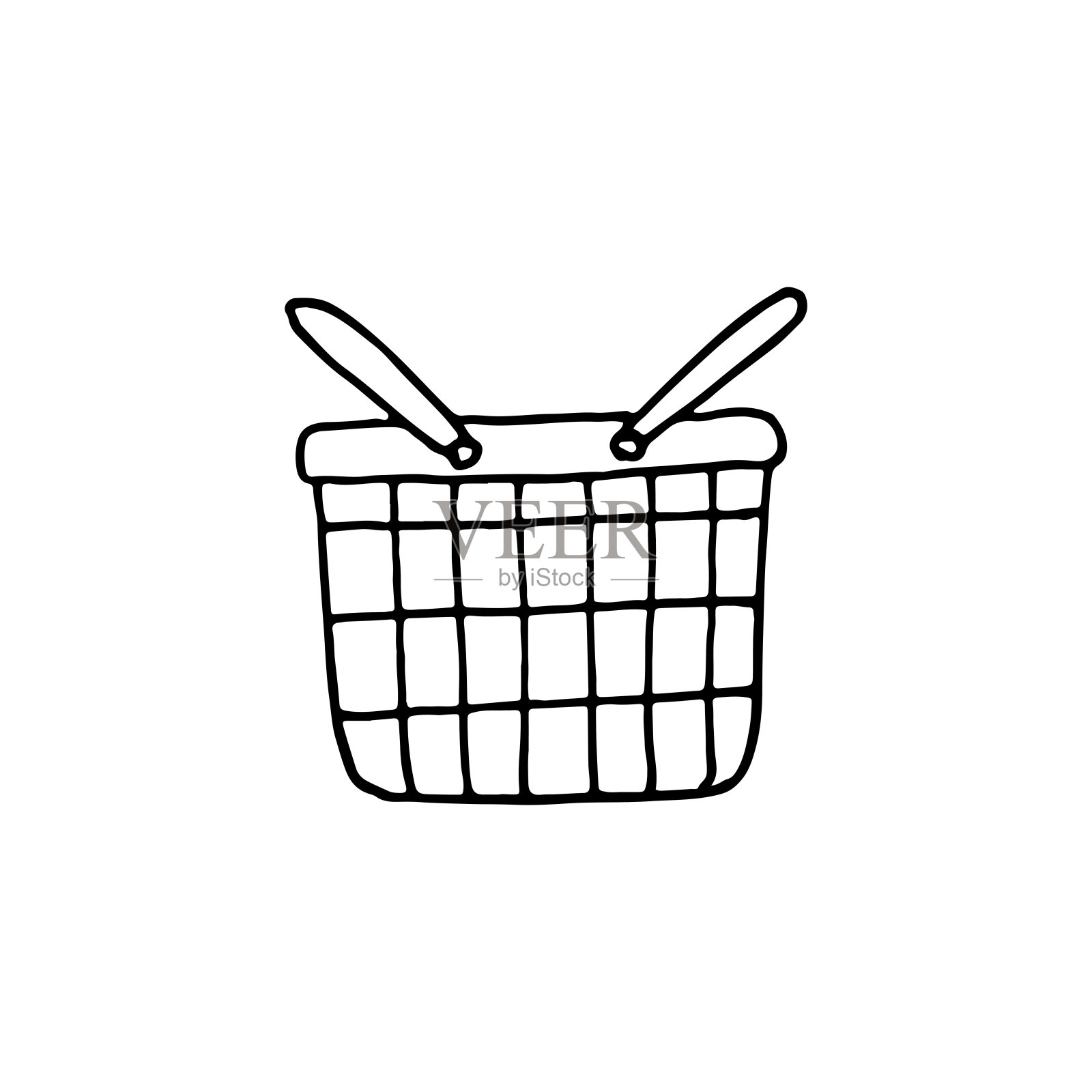 塑料购物篮。在商店购物。涂鸦。矢量插图。手绘。大纲。插画图片素材