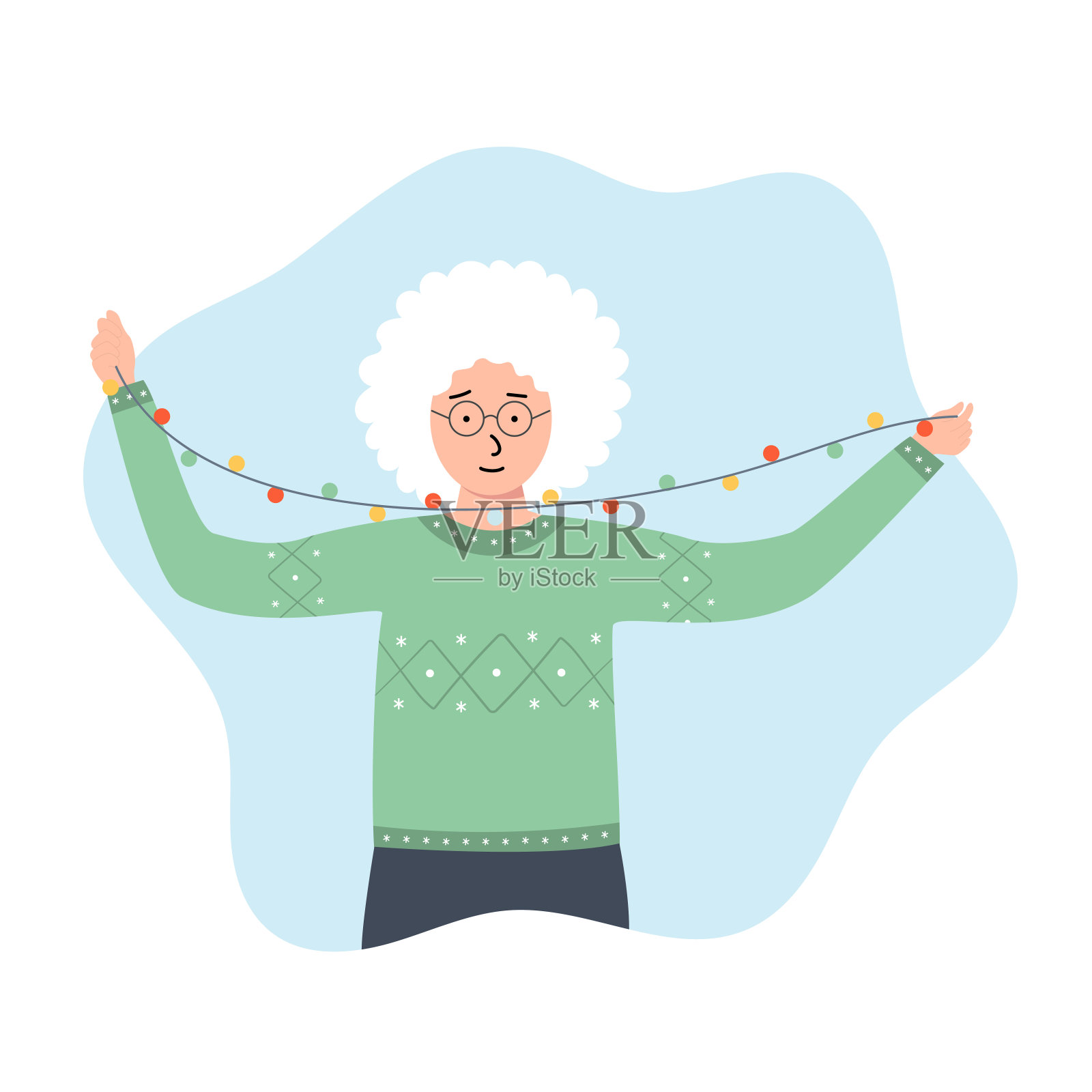 圣诞节和新年庆祝活动。带着节日彩灯的可爱女孩插画图片素材